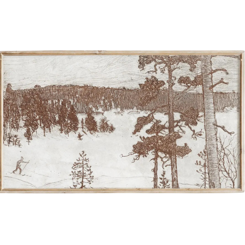 Brown sepia woodcut print snow trees landscape frame tv art