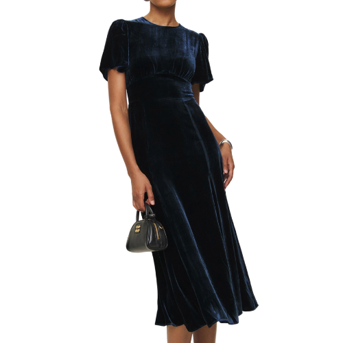 Reformation (Global) Quinne Velvet Dress navy blue midi