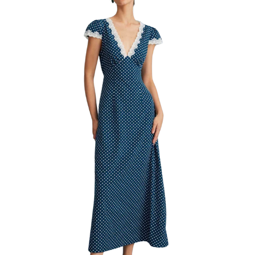 The Navy V Neck Polka Dot Lace Ruched Maxi Dress blue