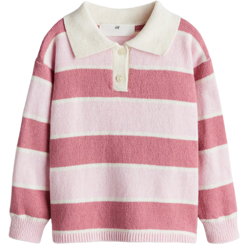 H&M (US + CA) Rib-Knit Polo Sweater Rugby Stripe Pink Girls