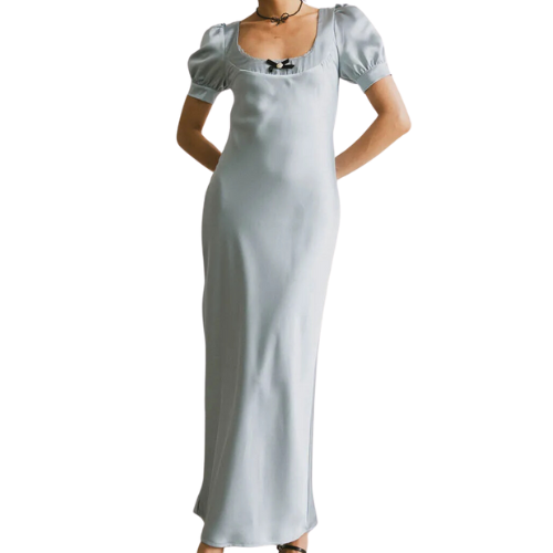 Böhme US Birdie Satin Maxi Dress silk gray ribbon blue