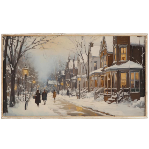 Christmas town village snow landscape frame tv art vintage