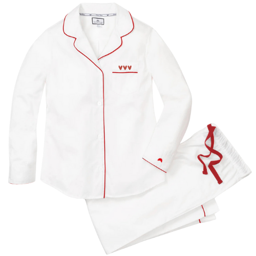 Petite Plume Women's White Twill Pajama Set with Heart Embroidery