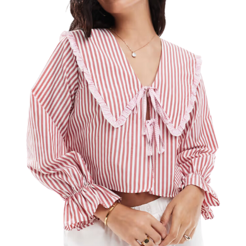 Asos ASOS DESIGN oversized collar tie front blouse in red stripe