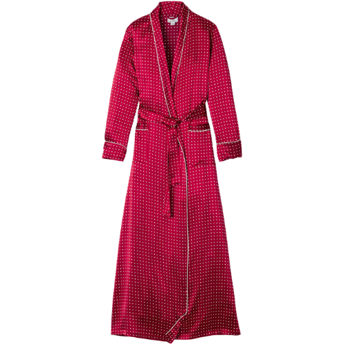 Petite Plume Women's Silk Long Robe in Bordeaux Polka Dot red burgundy