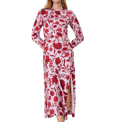 Ann Taylor Floral Ruched Dress pink red midi