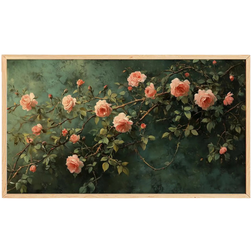 Pink Climbing Roses Dark Green Moody Frame TV Art