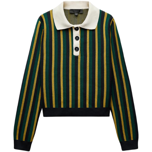 Zara US STRIPED KNIT POLO SWEATER green yellow