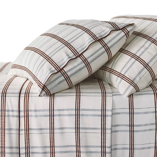 Target Merrow Edge Plaid Sheet Set brown blue