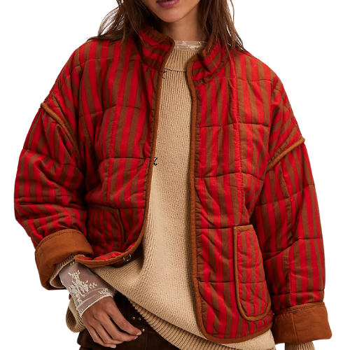 Free People Chloe Jacket red brown stripe quilted