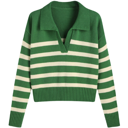 Cider Fall Sweater Knit Fabric Striped Collar Knit Polo Top green