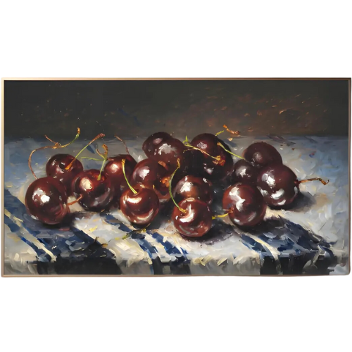 Moody Cherries Still Life Striped Tablecloth Frame TV Art