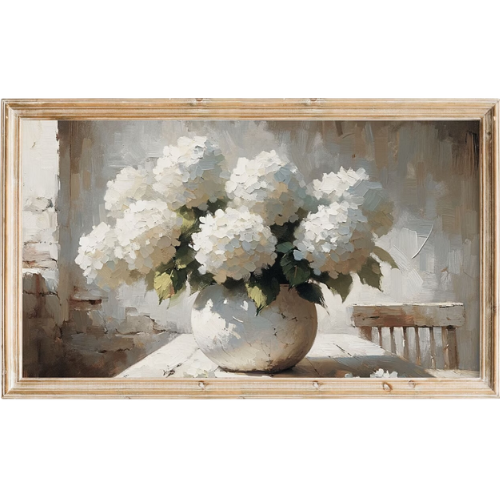 White Hydrangeas in Vase in Kitchen Frame TV Art painting