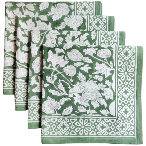 Floral Print Green White Cloth Napkins