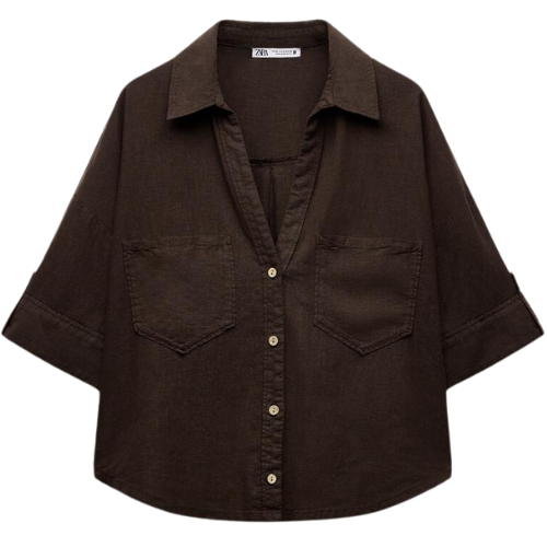 Zara US LINEN BLEND CROPPED SHIRT brown