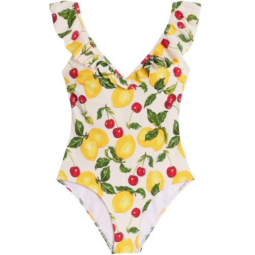 Boden (US) Evia Ruffle Swimsuit-Multi, Cherries and Lemons