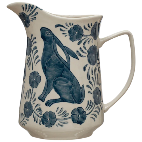 Wayfair North America Stoneware Pitcher With Painted Rabbit And Florals