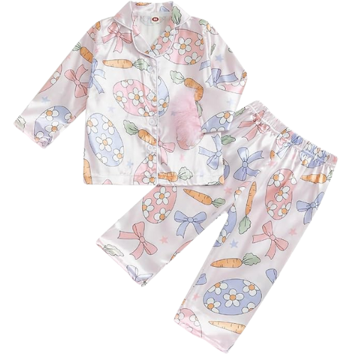 Toddler Kids Baby Girl Solid Pjs Ruffle Long Sleeve Button Shirt Top and Pants Cotton 2Piece Pajamas Set easter egg