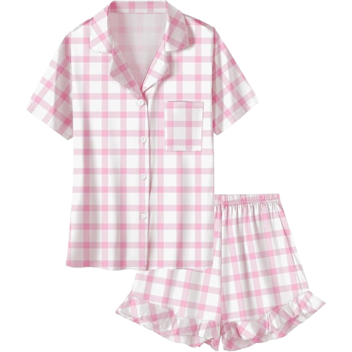 Girls Amazon Silk Pink Gingham Short Sleeve PJ pajama set