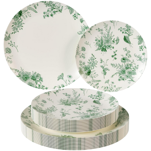 Green and White toile disposable paper plates