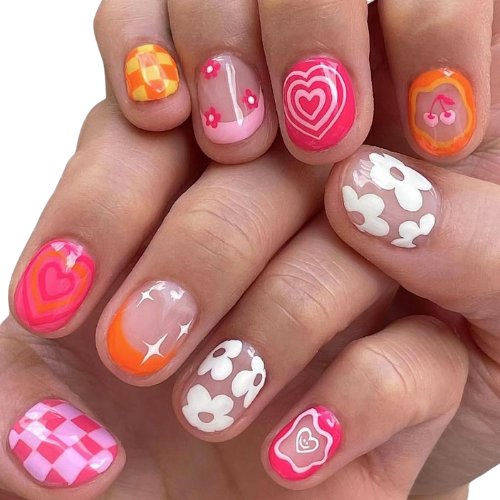 Amazon Short Square Press on Nails with Pink French Tips & Rainbow Flower Heart Lattice Pattern